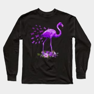 Flamingo Purple Ribbon Pancreatic Cancer Awareness Long Sleeve T-Shirt